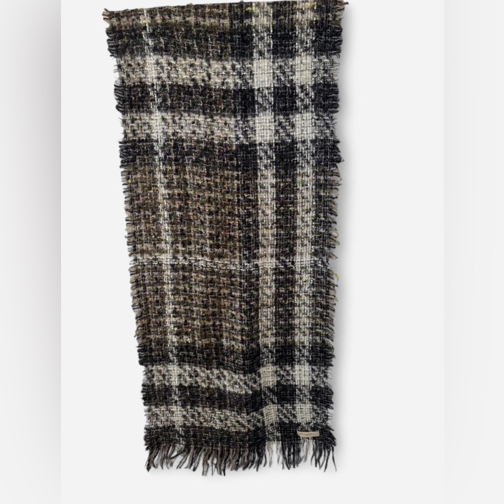 BURBERRY Brown & black with hints of pink and green plaid wool scarf